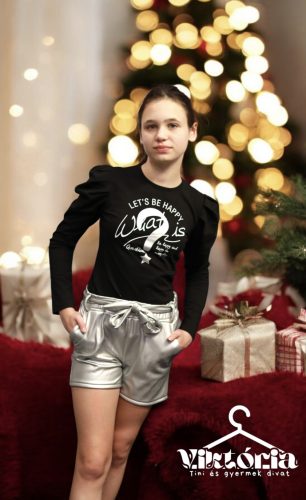 Lány buggyos vállú ezüst mintás felső 