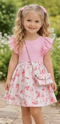 Lányka rózsaszín lepkés fodros ruha táskával