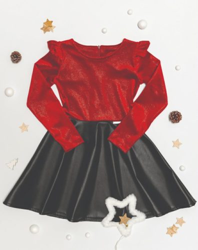 Lány piros csillogó alul bőr hatású ünneplő ruha 
