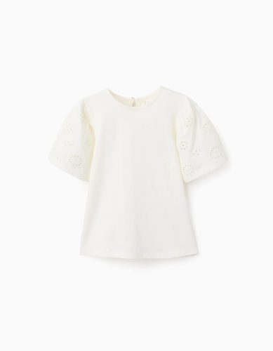 Pamut póló broderie anglaise ujjú lányoknak, világos bézs