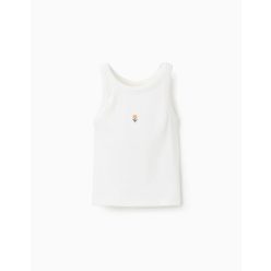 Bordás trikó hímzett virággal lányoknak, fehér