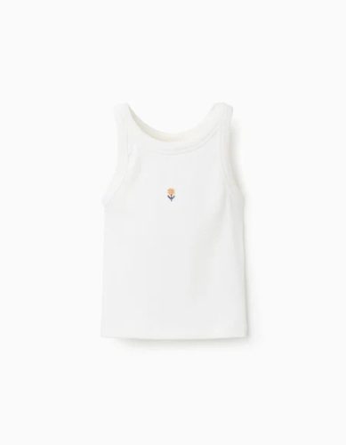 Bordás trikó hímzett virággal lányoknak, fehér