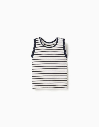 Ujjatlan, bordás pamut felső csíkokkal lányoknak, fehér/sötétkék